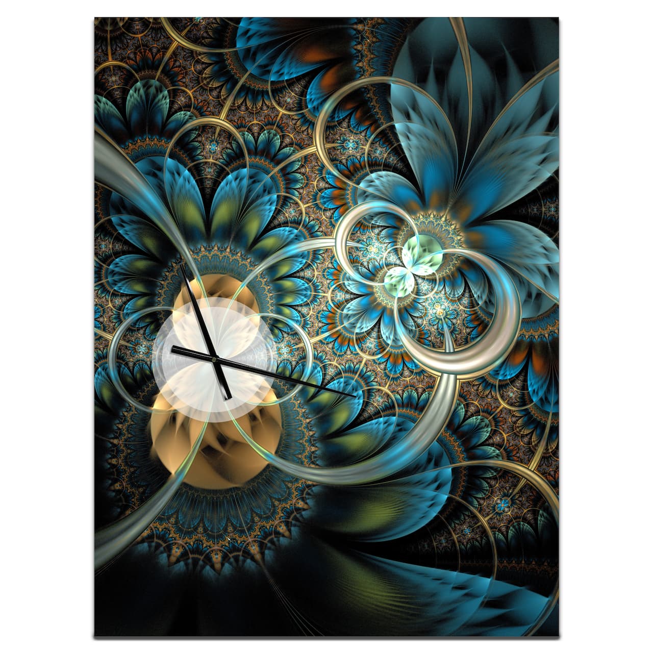 Designart Symmetrical Blue Gold Fractal Flower Rectangular Wall Clock